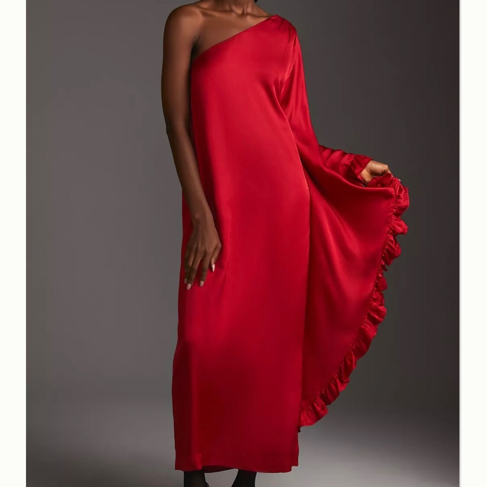 Hutch One Shoulder Red Satiny Long Ruffle Slit Classy Dress XSP XS Petite